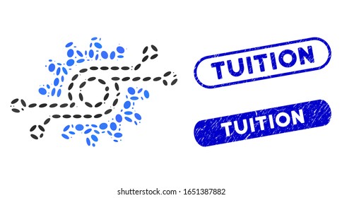 Mosaic electronic gear and rubber stamp seals with Tuition phrase. Mosaic vector electronic gear is designed with random ellipse items. Tuition stamp seals use blue color,
