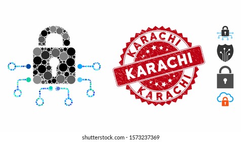 Mosaic electronic lock icon and distressed stamp seal with Karachi text. Mosaic vector is composed with electronic lock icon and with scattered round elements. Karachi stamp uses red color,