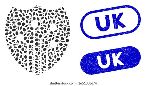 Mosaic electronic shield and corroded stamp seals with Uk phrase. Mosaic vector electronic shield is designed with random ellipse spots. Uk stamp seals use blue color, and have round rectangle shape.