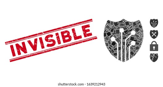 Mosaic electronic shield icon and red Invisible seal between double parallel lines. Flat vector electronic shield mosaic icon of randomized rotated rectangular items.