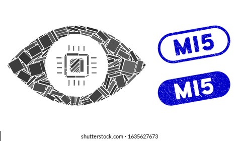 Mosaic electronic vision lens and rubber stamp seals with Mi5 phrase. Mosaic vector electronic vision lens is composed with scattered rectangles. Mi5 stamp seals use blue color,