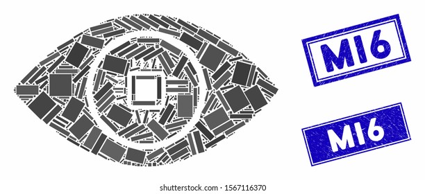 Mosaic electronic vision pictogram and rectangle seals. Flat vector electronic vision mosaic pictogram of random rotated rectangle elements. Blue caption seals with grunged surface.
