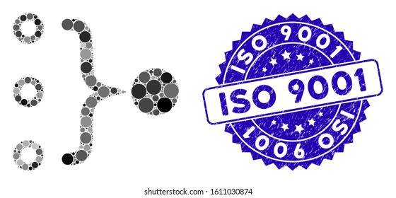 Mosaic element aggregation icon and rubber stamp seal with ISO 9001 text. Mosaic vector is composed with element aggregation icon and with randomized circle items. ISO 9001 stamp seal uses blue color,