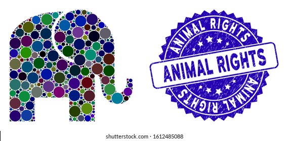 Mosaic elephant icon and corroded stamp seal with Animal Rights phrase. Mosaic vector is formed with elephant icon and with randomized round elements. Animal Rights seal uses blue color,