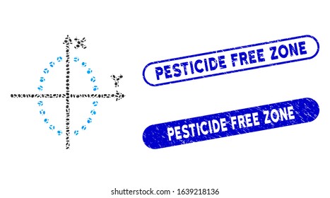 Mosaic ellipse plot and rubber stamp seals with Pesticide Free Zone text. Mosaic vector ellipse plot is formed with scattered elliptic items. Pesticide Free Zone stamp seals use blue color,