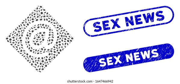 Mosaic Email And Distressed Stamp Watermarks With Sex News Caption. Mosaic Vector Email Is Created With Randomized Elliptic Dots.  