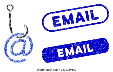Mosaic email phishing malware and corroded stamp seals with Email caption. Mosaic vector email phishing malware is designed with random rectangle items. Email seals use blue color,