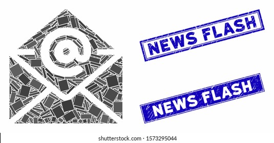 Mosaic email pictogram and rectangular News Flash seals. Flat vector email mosaic pictogram of randomized rotated rectangular elements. Blue News Flash rubber seals with grunge textures.