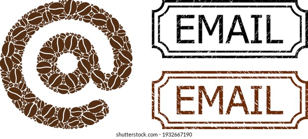 Mosaic email symbol designed from coffee seeds, and grunge Email rectangle seals with notches. Vector coffee parts are grouped into abstract illustration email symbol icon with brown color.