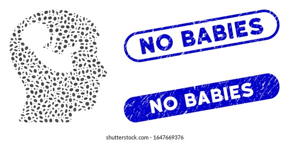 Mosaic embryo mind head and rubber stamp seals with No Babies text. Mosaic vector embryo mind head is composed with randomized oval parts. No Babies seals use blue color,