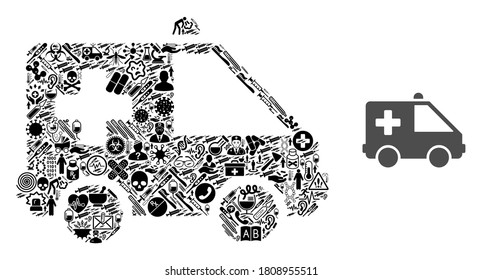 Mosaic emergency car with health symbols and basic icon. Mosaic vector emergency car is formed with healthcare symbols. Flat design elements for hospital projects.