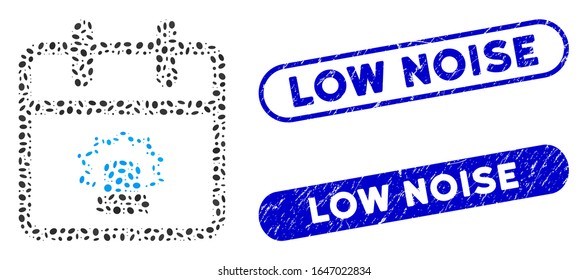 Mosaic emergency day and distressed stamp watermarks with Low Noise text. Mosaic vector emergency day is created with scattered oval elements. Low Noise stamp seals use blue color,