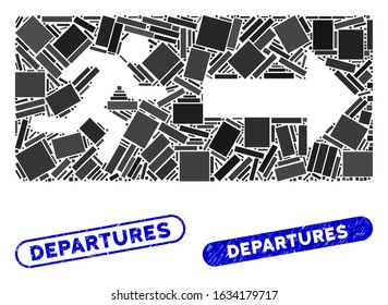 Mosaic emergency exit and rubber stamp seals with Departures caption. Mosaic vector emergency exit is created with scattered rectangles. Departures stamp seals use blue color,