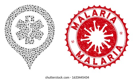Mosaic emergency map marker icon and red round corroded stamp seal with Malaria caption and coronavirus symbol.