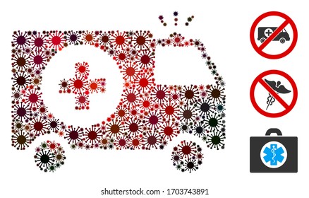 Mosaic emergency organized from flu virus elements in random sizes, red colors. Vector viral elements are arranged into abstract mosaic emergency icon. Some bonus icons are added.