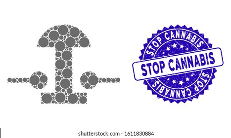 Mosaic emergency stop button icon and distressed stamp seal with Stop Cannabis phrase. Mosaic vector is designed with emergency stop button icon and with random spheric elements.