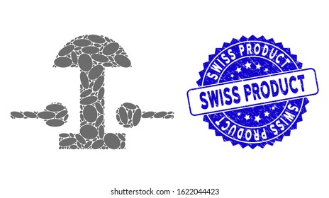 Mosaic emergency stop button icon and distressed stamp seal with Swiss Product phrase. Mosaic vector is formed with emergency stop button icon and with randomized elliptic items.