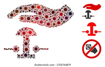 Mosaic emergency stop constructed from flu virus items in different sizes, red colors. Vector viral items are arranged into abstract mosaic emergency stop icon. Some bonus icons are added.