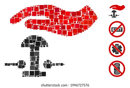 Icono de parada de emergencia mosaico organizado desde elementos cuadrados en tamaños variables y tonos de color. Los elementos cuadrados vectoriales se unen en el icono de parada de emergencia de composición abstracta. Se añaden pictogramas bonificados.