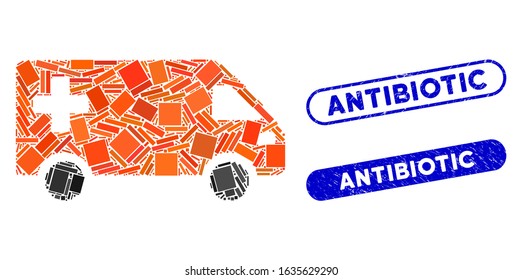 Mosaic emergency van and corroded stamp seals with Antibiotic phrase. Mosaic vector emergency van is composed with randomized rectangle items. Antibiotic stamp seals use blue color,