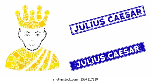Mosaic emperor pictogram and rectangle rubber prints. Flat vector emperor mosaic pictogram of random rotated rectangle elements. Blue caption rubber stamps with dirty textures.