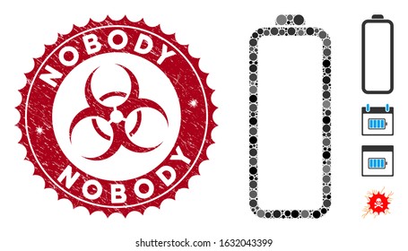 Mosaic empty battery icon and corroded stamp seal with Nobody caption and biohazard symbol. Mosaic vector is designed with empty battery icon and with randomized spheric elements.