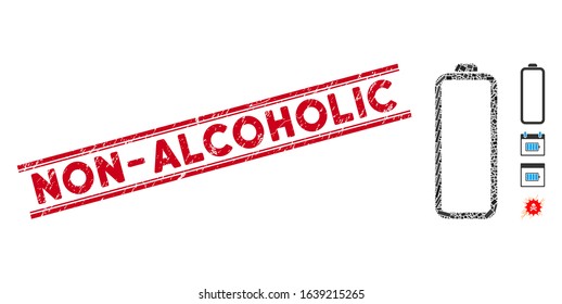 Mosaic empty battery pictogram and red Non-Alcoholic stamp between double parallel lines. Flat vector empty battery mosaic pictogram of scattered rotated rectangular elements.