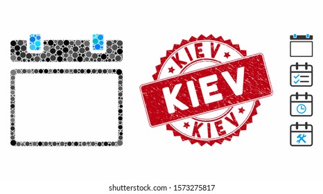 Mosaic empty calendar page icon and grunge stamp seal with Kiev text. Mosaic vector is formed from empty calendar page pictogram and with randomized circle elements. Kiev stamp seal uses red color,