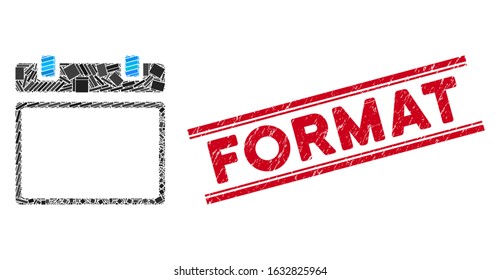 Mosaic empty calendar page icon and red Format stamp between double parallel lines. Flat vector empty calendar page mosaic icon of random rotated rectangle items.