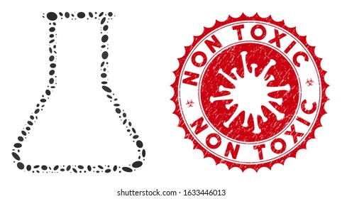 Mosaic empty flask icon and red rounded distressed stamp watermark with Non Toxic caption and coronavirus symbol. Mosaic vector is formed with empty flask icon and with scattered oval items.