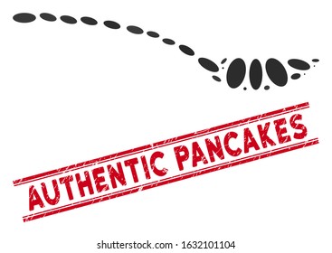 Mosaic empty spoon icon and grunge stamp watermark with red Authentic Pancakes phrase between double parallel lines. Mosaic vector is formed from empty spoon icon and with scattered ellipse items.