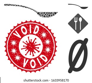 Mosaic empty spoon icon and red rounded distressed stamp seal with Void text and coronavirus symbol. Mosaic vector is created from empty spoon icon and with randomraggy elements.