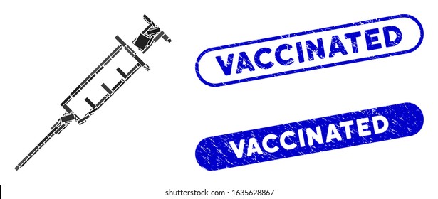 Mosaic empty syringe and grunge stamp seals with Vaccinated caption. Mosaic vector empty syringe is designed with randomized rectangle items. Vaccinated seals use blue color,