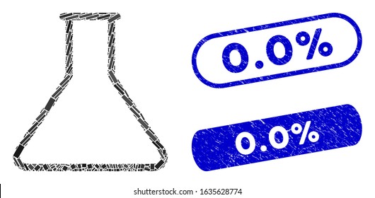 Mosaic empty wide retort and rubber stamp seals with 0.0% caption. Mosaic vector empty wide retort is designed with scattered rectangles. 0.0% stamp seals use blue color,