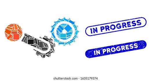 Mosaic engine and corroded stamp seals with In Progress phrase. Mosaic vector engine is formed with randomized rectangle items. In Progress stamp seals use blue color, and have round rectangle shape.