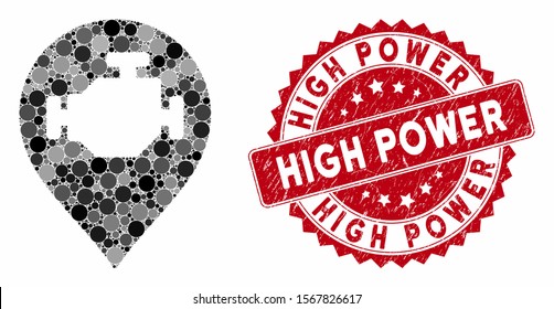 Mosaic engine marker and rubber stamp seal with High Power phrase. Mosaic vector is designed with engine marker icon and with randomized circle spots. High Power seal uses red color,