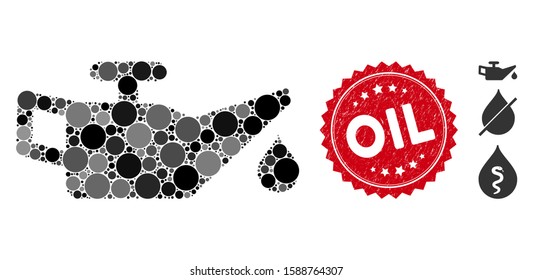 Mosaic engine oil and round stamp. Flat vector engine oil mosaic of randomized round items. Red stamp with dirty texture. Designed for political and patriotic proclamations.
