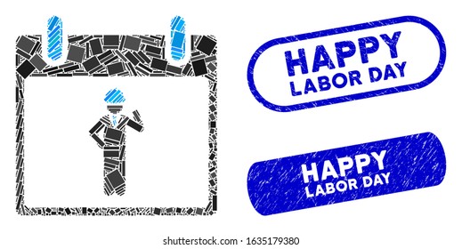 Mosaic engineer calendar day and distressed stamp seals with Happy Labor Day phrase. Mosaic vector engineer calendar day is composed with randomized rectangles. Happy Labor Day seals use blue color,