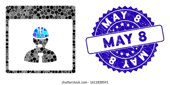 Mosaic engineer calendar day icon and grunge stamp seal with May 8 caption. Mosaic vector is designed with engineer calendar day icon and with random spheric spots. May 8 stamp seal uses blue color,