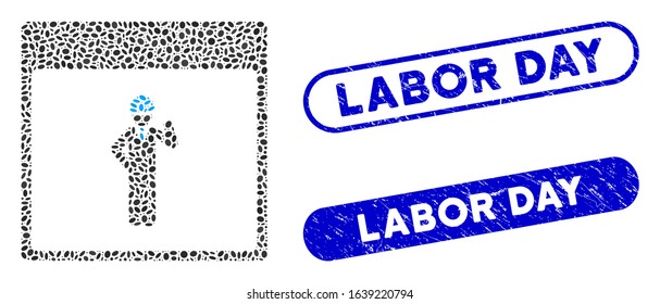 Mosaic engineer calendar page and rubber stamp seals with Labor Day caption. Mosaic vector engineer calendar page is created with random elliptic items. Labor Day seals use blue color,