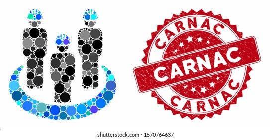 Mosaic engineer community and grunge stamp seal with Carnac text. Mosaic vector is created from engineer community icon and with scattered circle items. Carnac stamp seal uses red color,