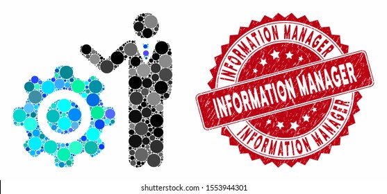 Mosaic engineer and gear and rubber stamp seal with Information Manager caption. Mosaic vector is composed with engineer and gear icon and with randomized round spots.