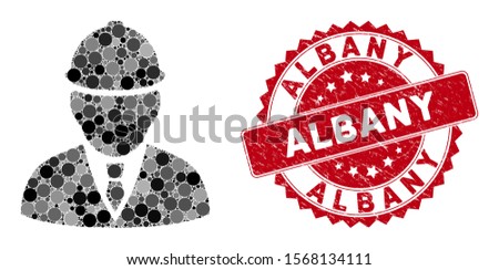Mosaic engineer and grunge stamp seal with Albany text. Mosaic vector is composed with engineer icon and with scattered round items. Albany stamp seal uses red color, and rubber design.