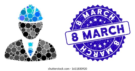 Mosaic engineer icon and distressed stamp seal with 8 March caption. Mosaic vector is formed with engineer icon and with randomized spheric elements. 8 March seal uses blue color, and rubber surface.