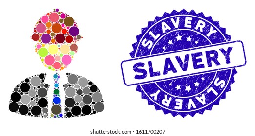 Mosaic engineer icon and grunge stamp seal with Slavery text. Mosaic vector is formed with engineer icon and with randomized spheric items. Slavery stamp seal uses blue color, and grunge design.