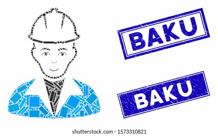 Mosaic engineer icon and rectangular Baku seal stamps. Flat vector engineer mosaic icon of random rotated rectangular items. Blue Baku seal stamps with grunge textures.