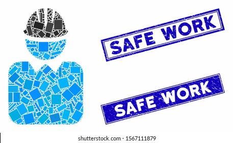 Mosaic engineer icon and rectangular seal stamps. Flat vector engineer mosaic icon of scattered rotated rectangle items. Blue caption seal stamps with distress textures.