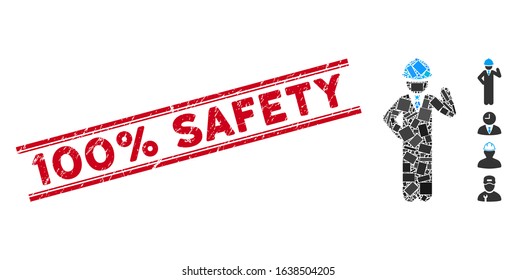 Mosaic engineer icon and red 100% Safety seal stamp between double parallel lines. Flat vector engineer mosaic icon of scattered rotated rectangular elements.