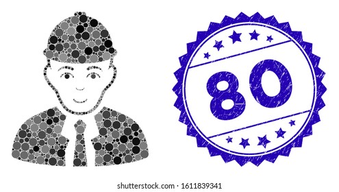 Mosaic engineer icon and rubber stamp seal with 80 caption. Mosaic vector is formed with engineer icon and with random round spots. 80 seal uses blue color, and distress design.