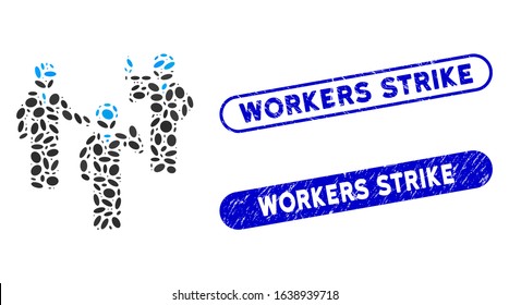 Mosaic engineer persons discussion and grunge stamp watermarks with Workers Strike text. Mosaic vector engineer persons discussion is created with random oval parts.